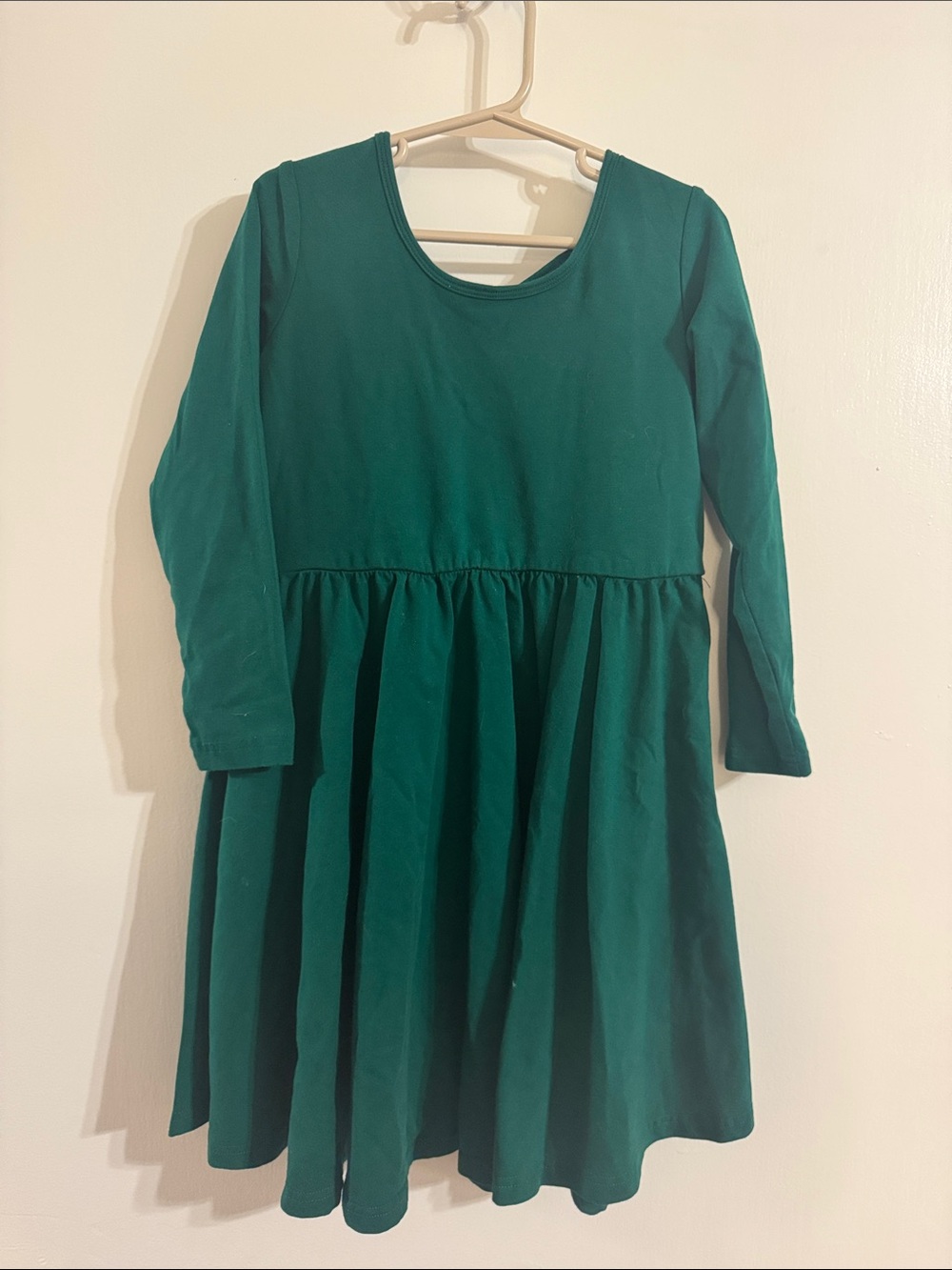 Girls Emerald Green Long-Sleeve Gathered Waist Dress